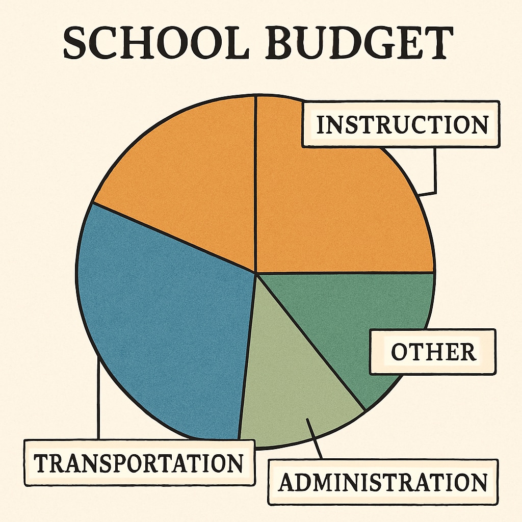 A detailed depiction of how school budgets are divided into categories like instruction, transportation, and administration. School budget breakdown showing instruction, transportation, and administration costs.