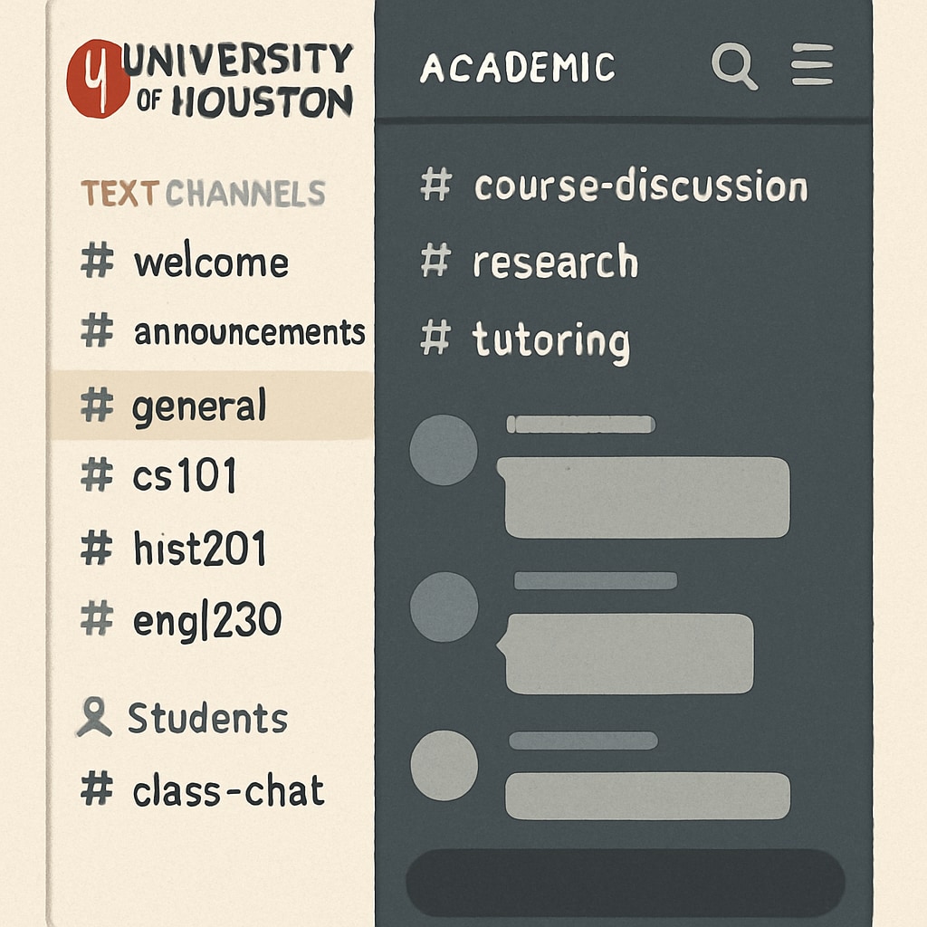 A screenshot of a Discord server with channels labeled for University of Houston courses and academic discussions. Discord server showcasing academic channels for University of Houston students.