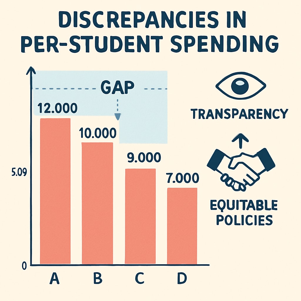 A chart illustrating discrepancies in per-student spending across different districts and how transparency can bridge gaps. Chart showing per-student spending variations and the role of transparency.
