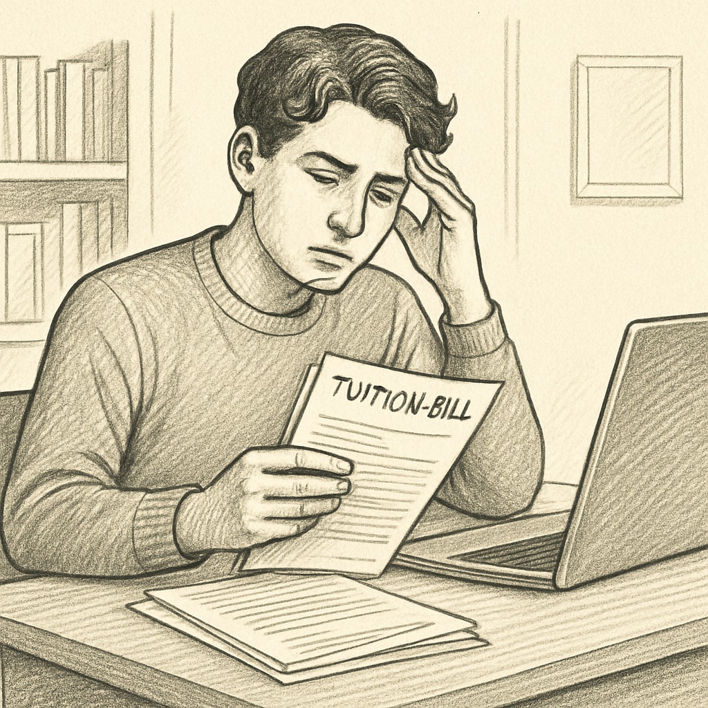 A young college student sitting at a desk with a laptop, holding a stack of tuition bills. This image emphasizes the financial stress faced by students trying to overcome tuition challenges. A college student reviewing tuition bills at a desk.