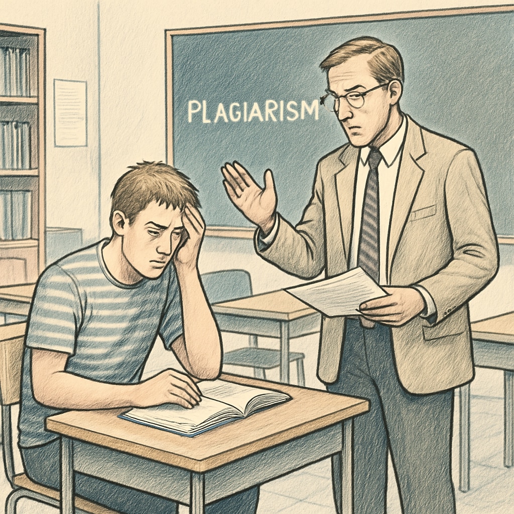 A classroom setting with a student looking distressed while a professor discusses plagiarism accusations. A student in a classroom looking upset during a plagiarism discussion with a professor.