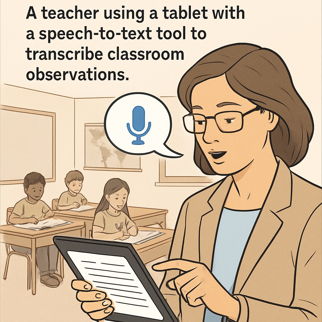 A teacher using a speech-to-text tool on a tablet to transcribe classroom observations. Teacher using speech-to-text technology to improve classroom efficiency.