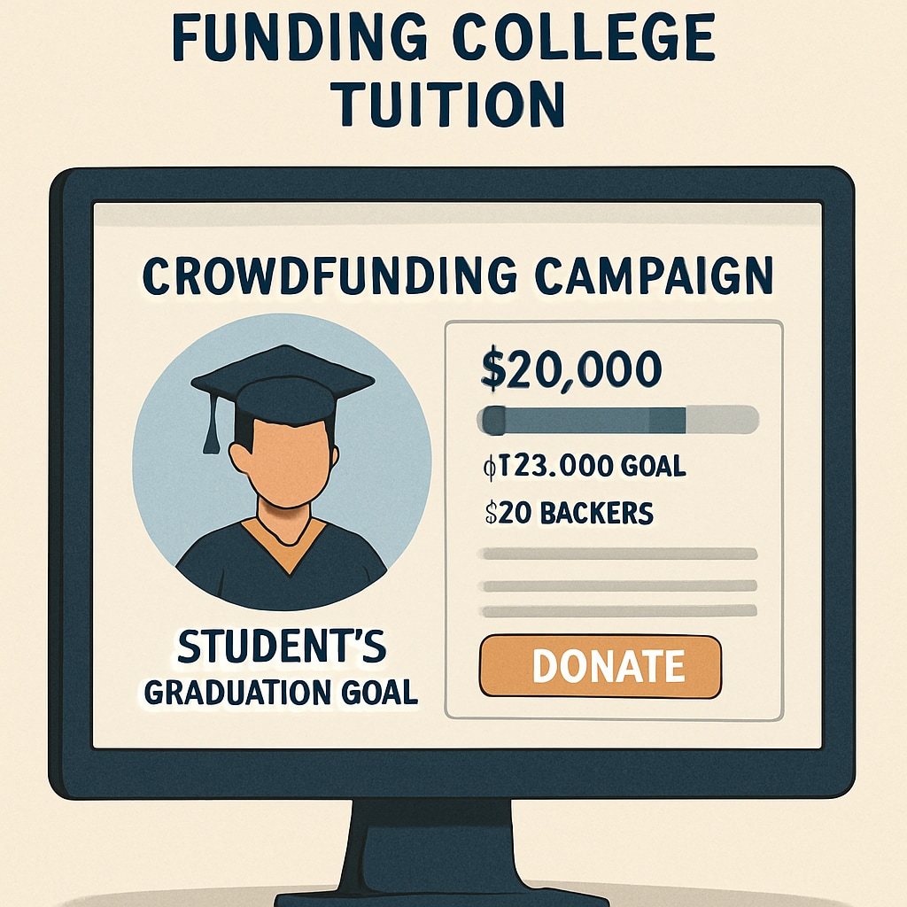 A crowdfunding campaign page displayed on a computer screen, showing a student’s graduation goal. This image highlights the use of crowdfunding as a solution for funding college tuition. Crowdfunding campaign page for tuition support.