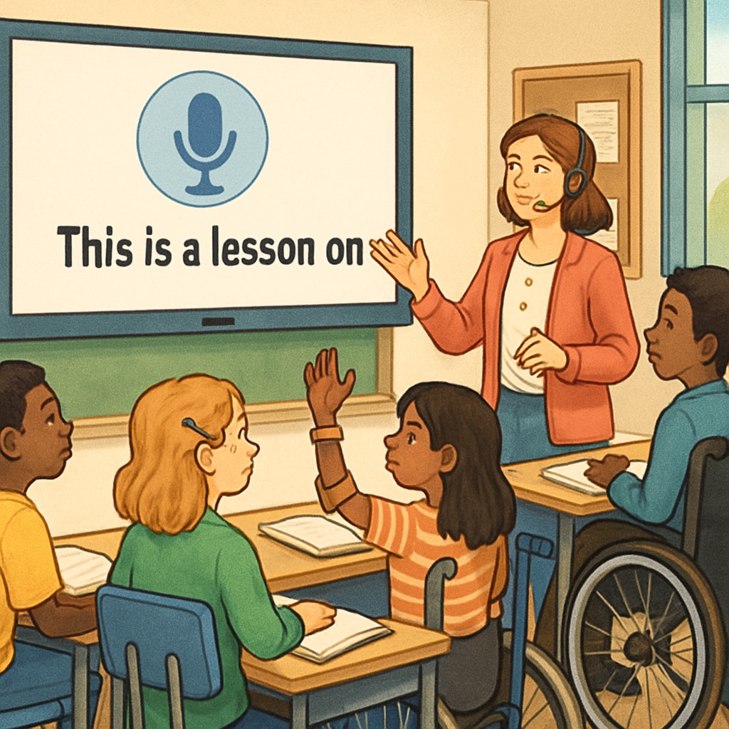 An inclusive classroom where a teacher uses speech-to-text software to support students with disabilities. Teacher leveraging speech-to-text technology to enhance inclusive education.