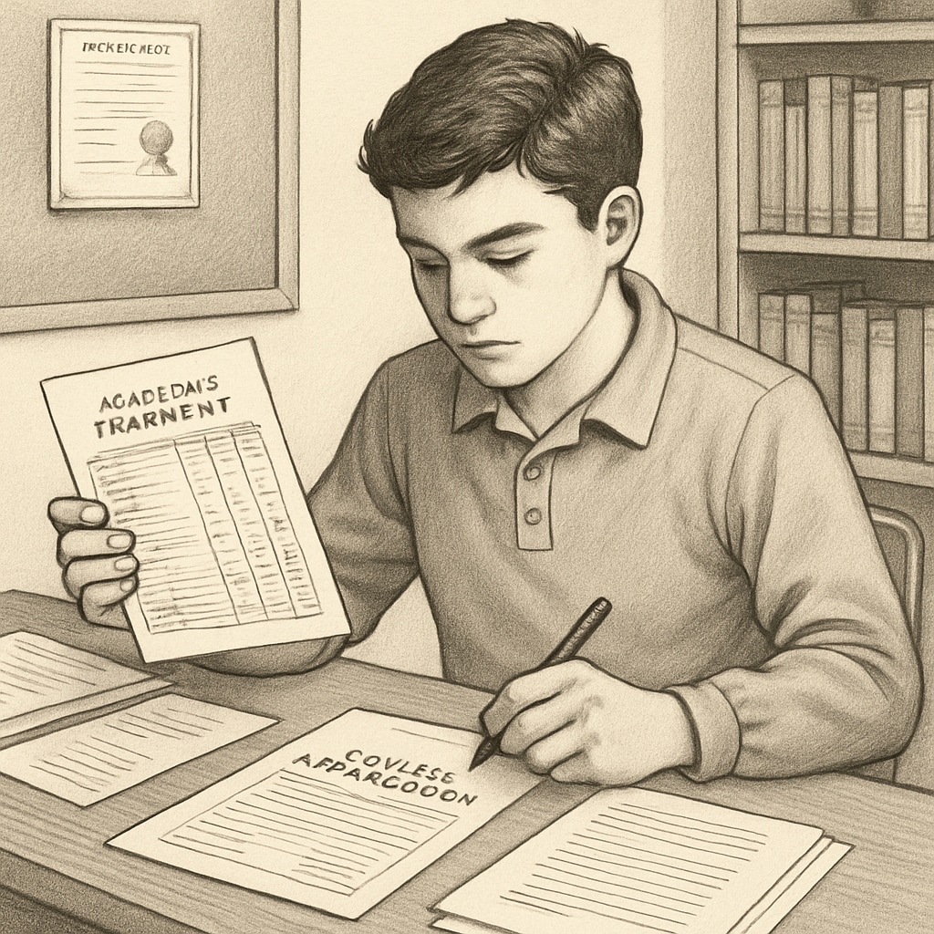 A high school student reviewing their transcript and preparing a college application. This image highlights the theme of academic evaluation and preparation. A student preparing their Harvard application with academic transcripts.