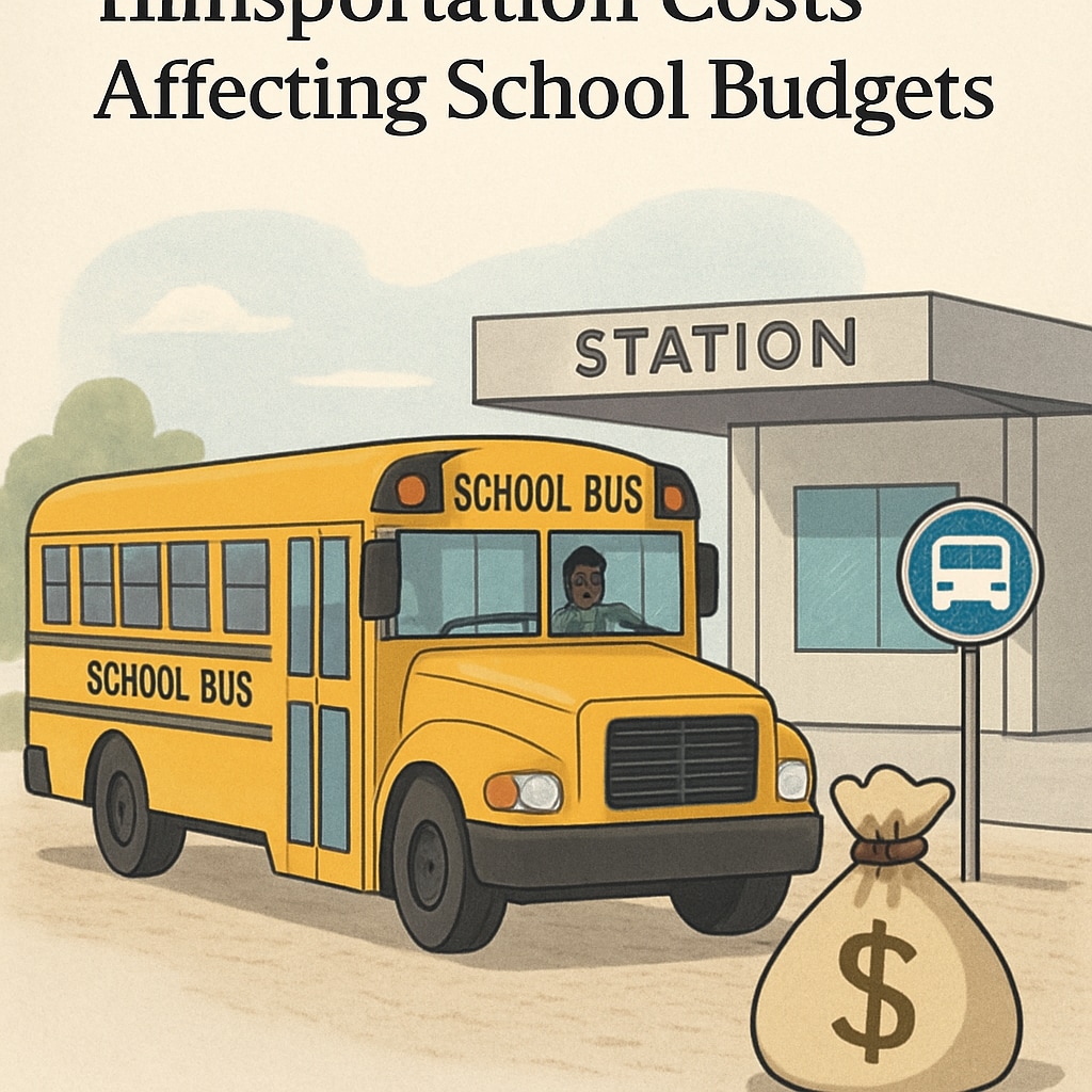 A school bus parked at a station, symbolizing transportation costs impacting school budgets. School bus and its role in per student spending metrics.