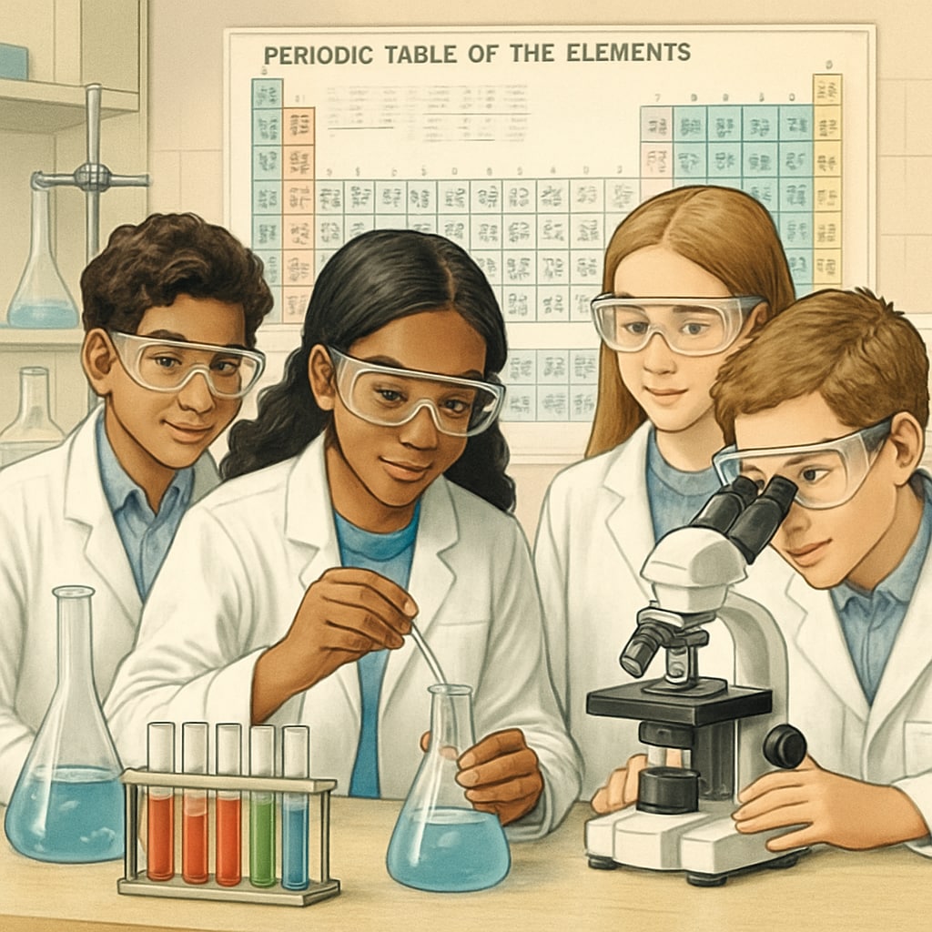 A diverse group of high school students conducting a science experiment together in a laboratory setting. High school students conducting a science experiment, inclusive of English Language Learners.