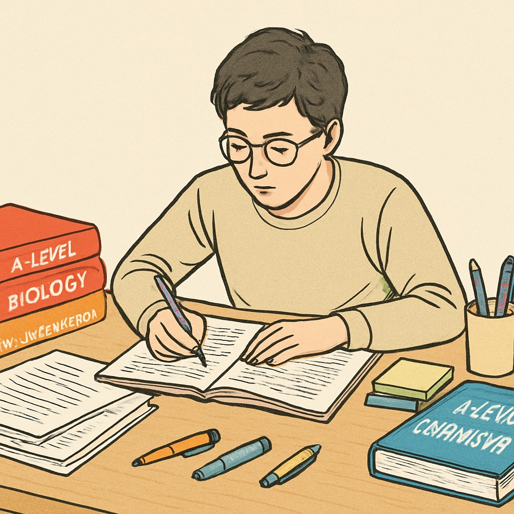 A student studying A-level textbooks, focusing on retaking exams.