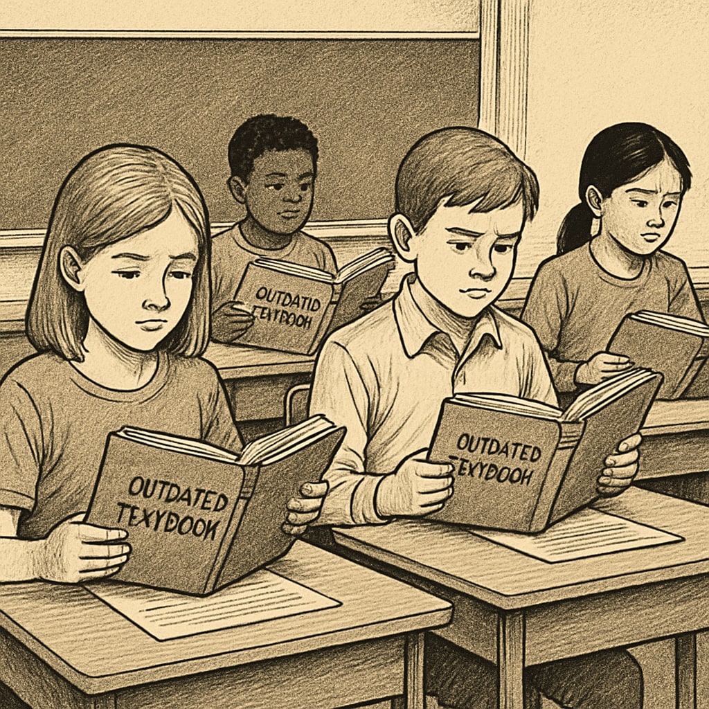Students in a classroom using outdated textbooks, illustrating resource disparities in schools. Classroom with students facing resource inequity.
