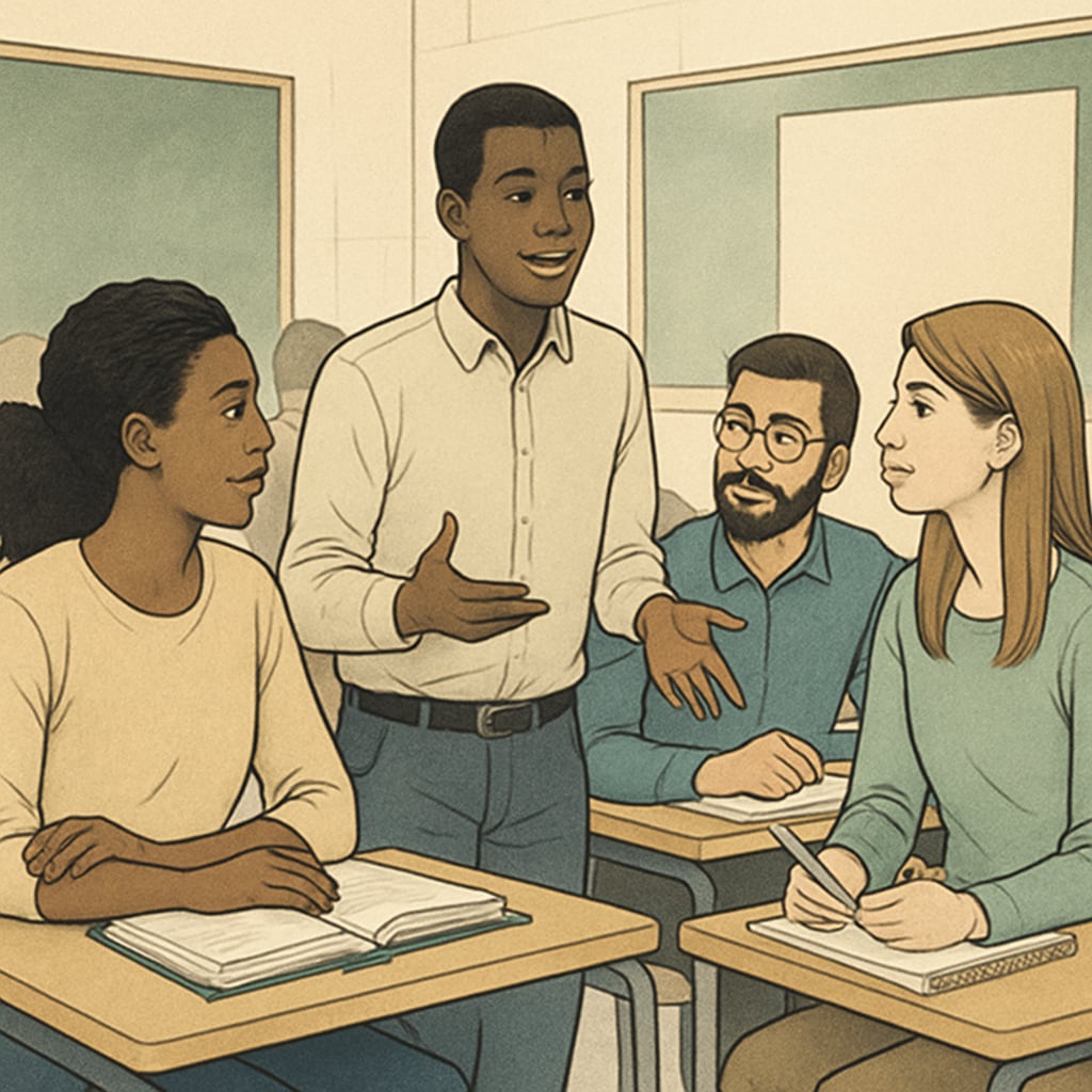 University students in a classroom discussing coursework.