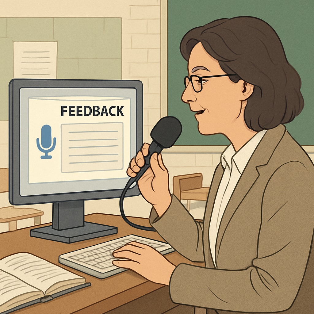 Teacher using voice recognition for feedback and efficiency.