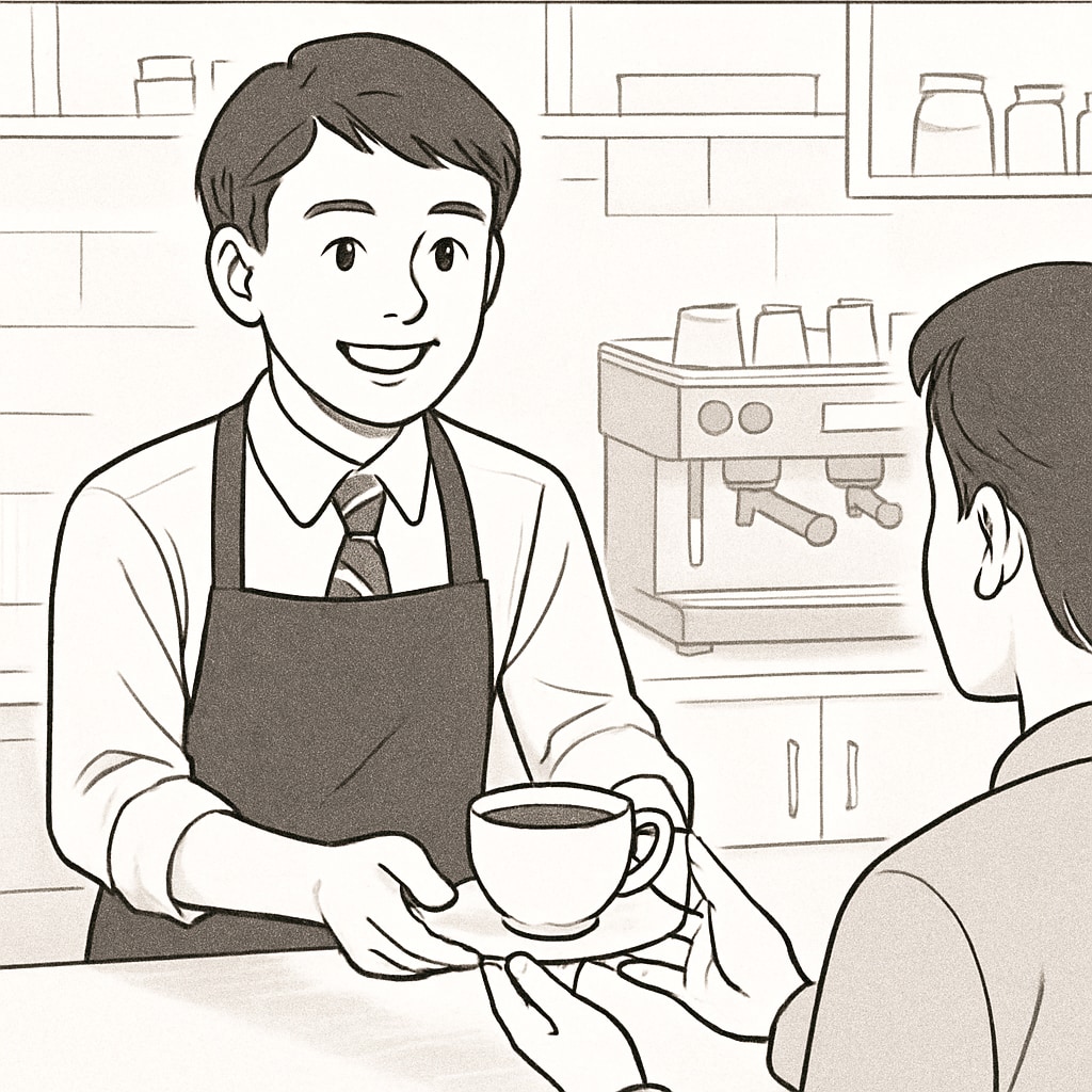 A high school student working part-time at a local coffee shop, smiling while serving a customer. High school student working, pocket money, learning independence