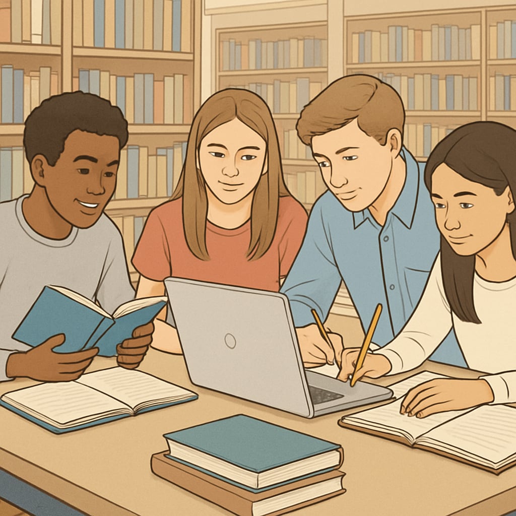 A group of high school students collaborating on a project in a library. High school students utilizing library resources for collaborative learning projects.