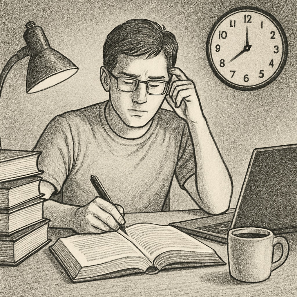 A student studying late at night while juggling part-time work commitments. High school student balancing work and studies, academic challenges