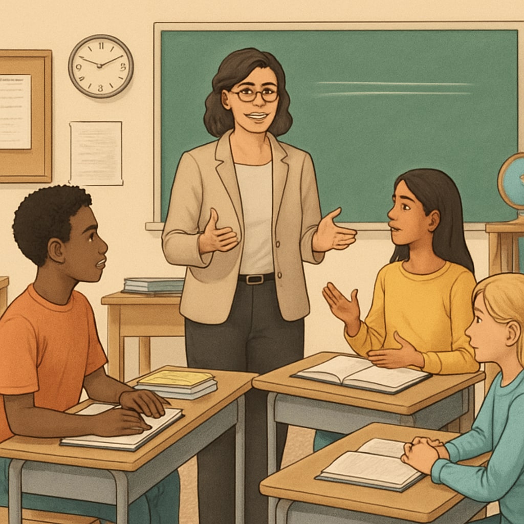 A teacher facilitating a balanced discussion in a diverse classroom, showcasing the importance of academic freedom in education. A teacher leading a balanced discussion in a diverse classroom, illustrating academic freedom.