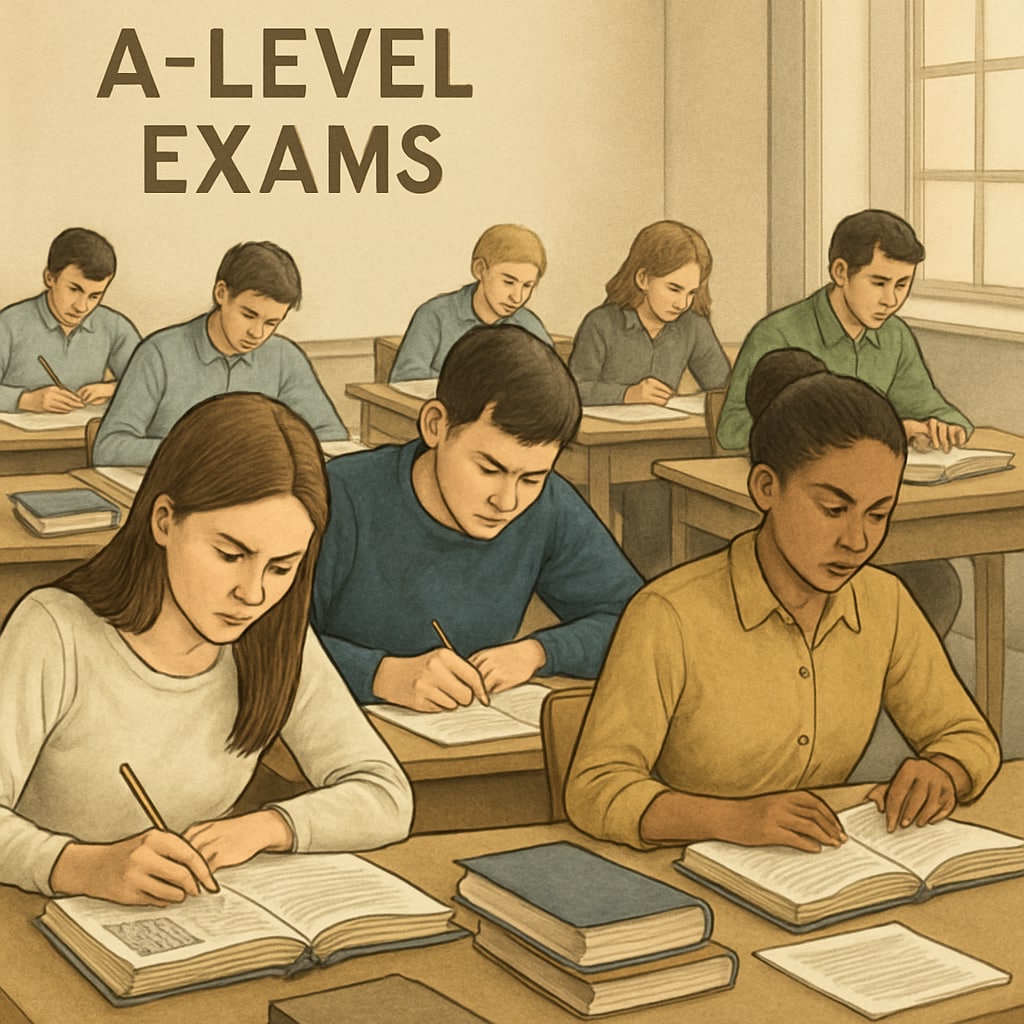 A classroom with students preparing for A-Level exams, symbolizing determination and focus. Students preparing for A-Level exams in a classroom, reflecting education choices.