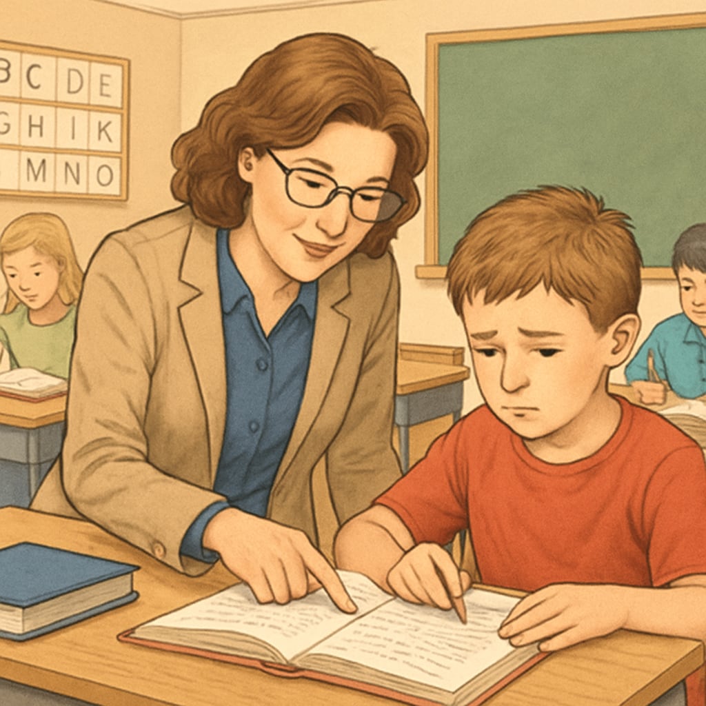 A classroom setting with a teacher assisting a student with learning difficulties, symbolizing personalized attention in education. Teacher helping a student with learning difficulties in a classroom.