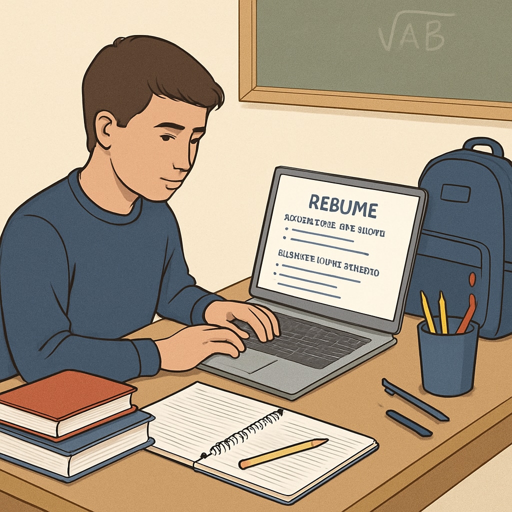 A high school student working on a laptop, drafting a resume that showcases extracurricular activities and academic achievements. High school student creating a resume highlighting extracurricular and academic achievements.