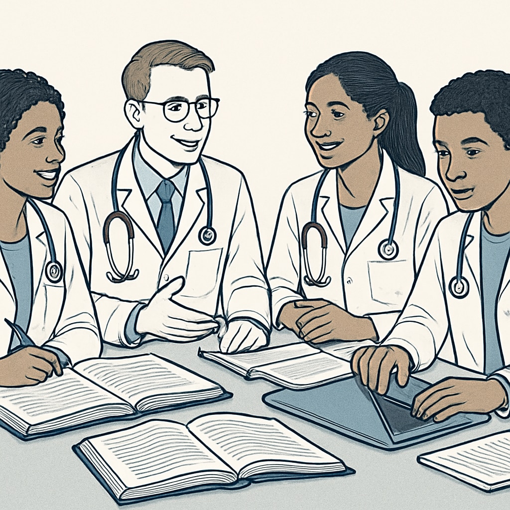 A diverse group of medical students engaged in collaborative learning, emphasizing inclusivity and support. Diverse medical students working collaboratively in a supportive environment.