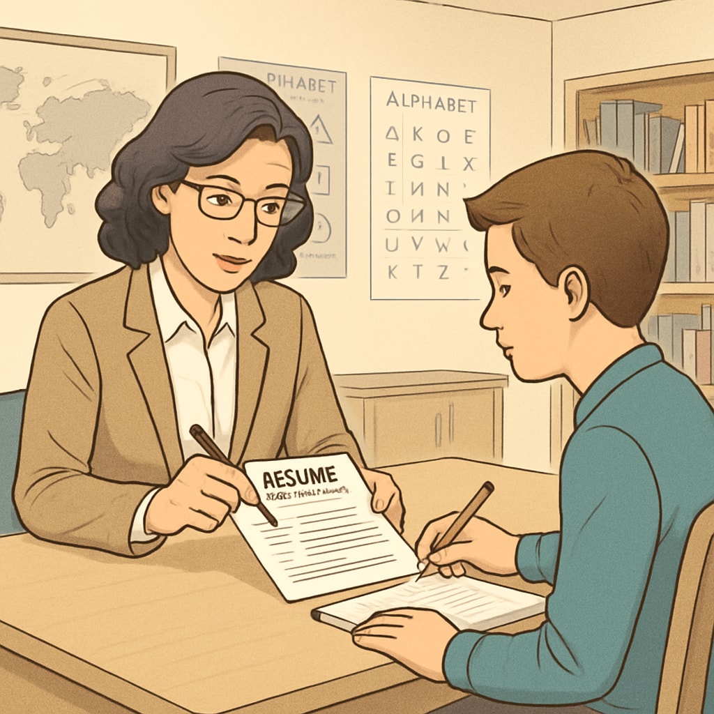 A teacher providing feedback to a student on their resume during a career guidance session. Teacher reviewing a student’s resume as part of career guidance.