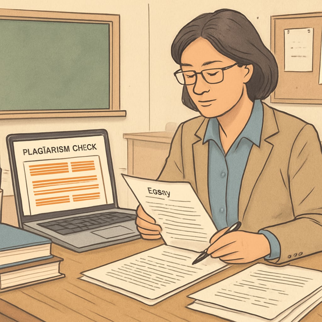Teacher checking plagiarism detection software to assess a student’s essay.