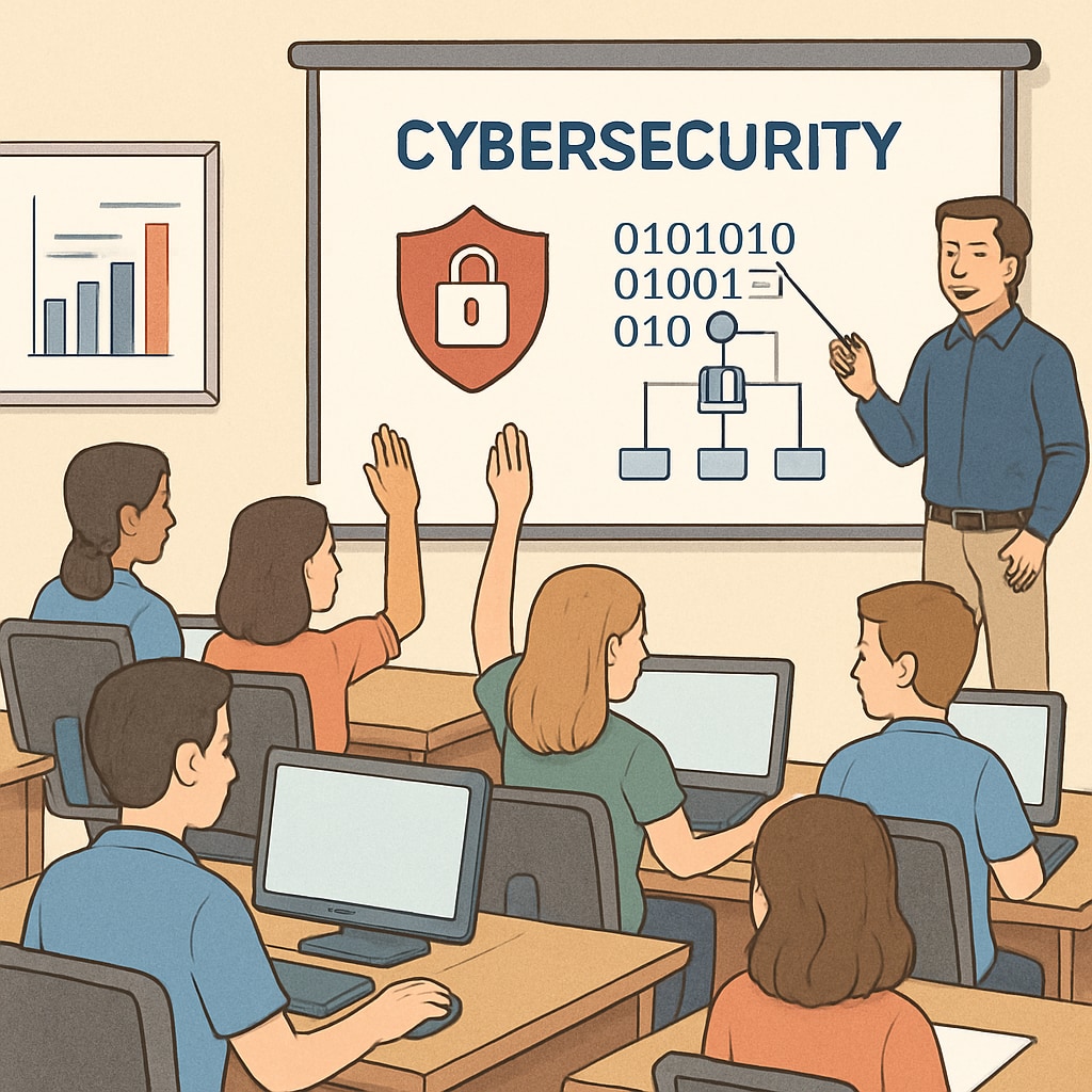 Students learning cybersecurity basics during a hands-on workshop in K12 education.
