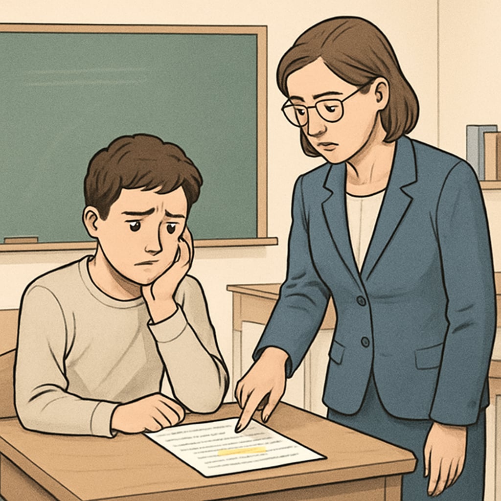 Student reacting to a teacher’s explanation of potential plagiarism issues.