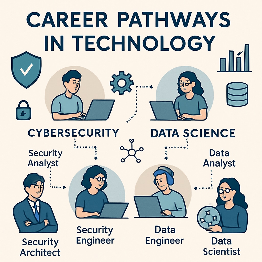 Career opportunities in cybersecurity and data science displayed on a chart or infographic.