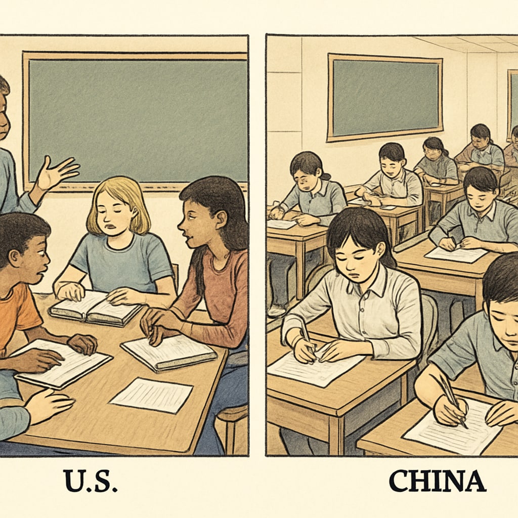 Students in a collaborative classroom setting in the U.S., compared to an exam-focused classroom in China. U.S. collaborative classroom vs. Chinese exam-focused classroom, reflecting education values.