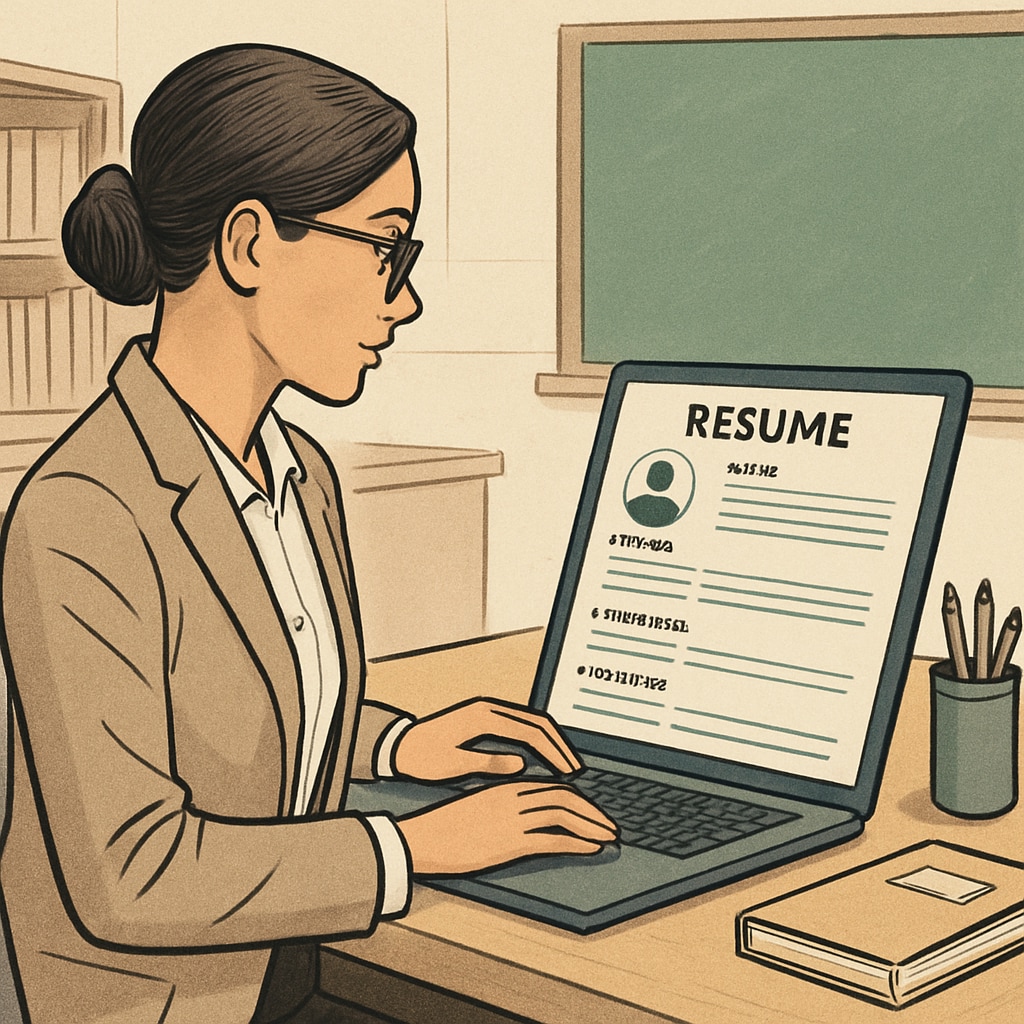 A professional teacher reviewing their resume on a laptop, showcasing a well-organized document. Teacher revising their resume for the Canadian job market.