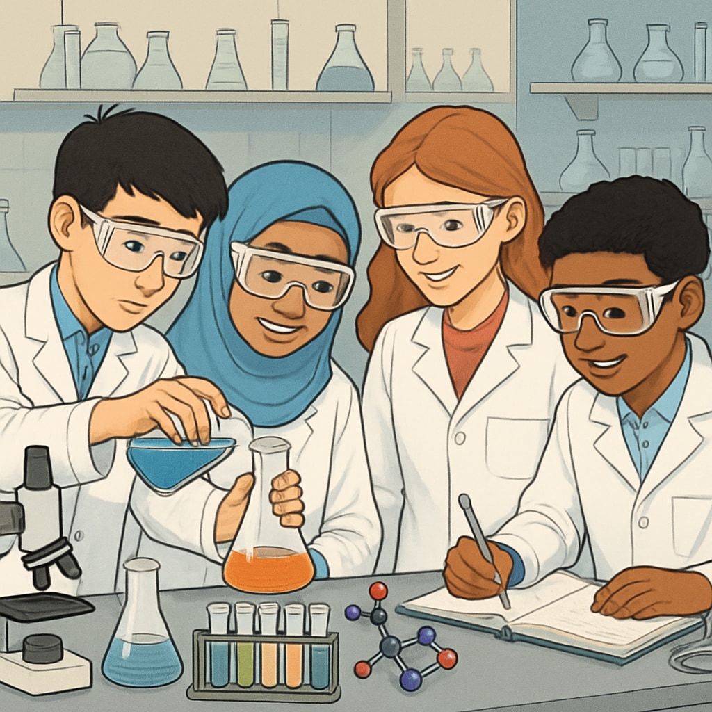 Students from diverse linguistic backgrounds working together on a science experiment in a laboratory. Diverse students conducting a science experiment, supporting English learners.