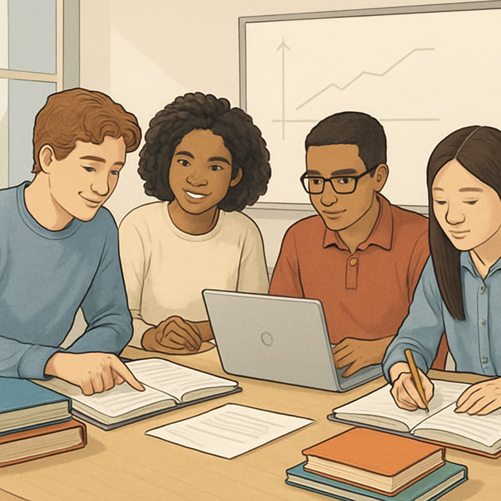 A group of diverse students collaborating in a modern classroom setting. Students discussing projects in a collaborative learning environment.