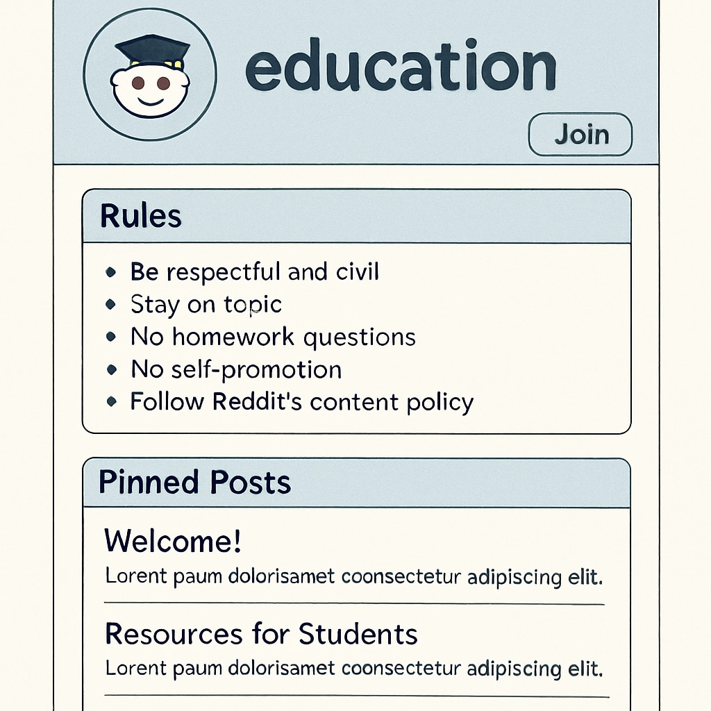 A screenshot of a Reddit education subreddit homepage, displaying its rules and pinned posts. A Reddit education subreddit homepage with visible rules and pinned posts.