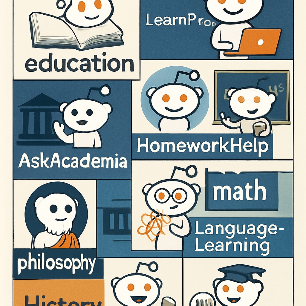 A collage of Reddit education subreddit logos or banners, showcasing the variety of communities within the education network. Various Reddit education subreddit logos and banners.