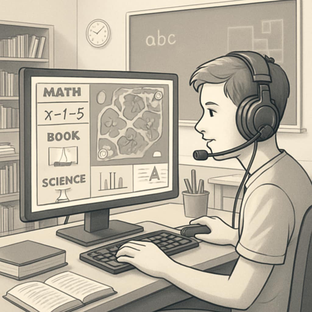 A young student playing an esports game in a classroom setting, with educational materials integrated into the gaming interface. Student engaging in esports-based gamified learning in a classroom environment.