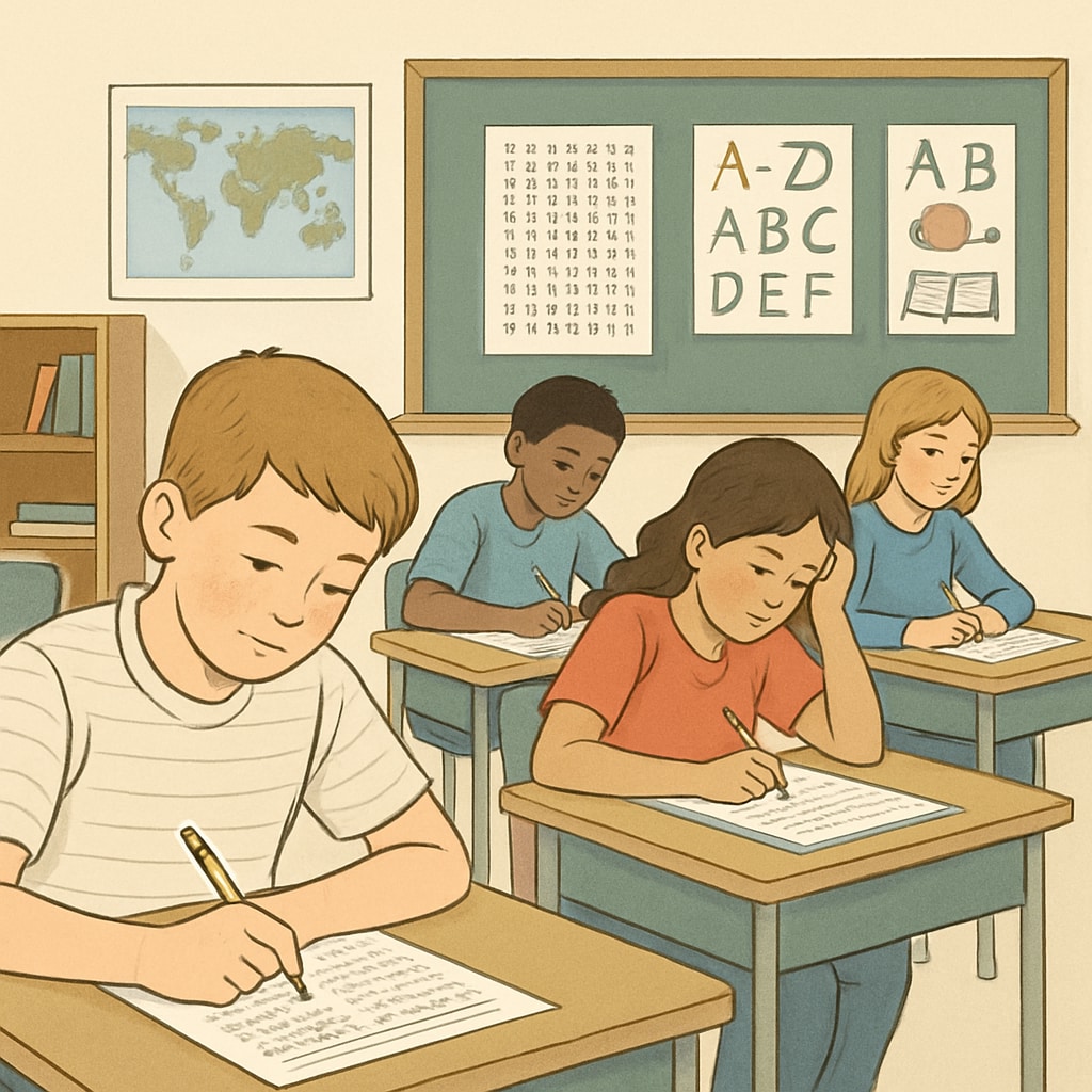 A classroom with students taking a standardized test, symbolizing traditional education evaluation methods in a technological era. Traditional competitive exams in the AI era.