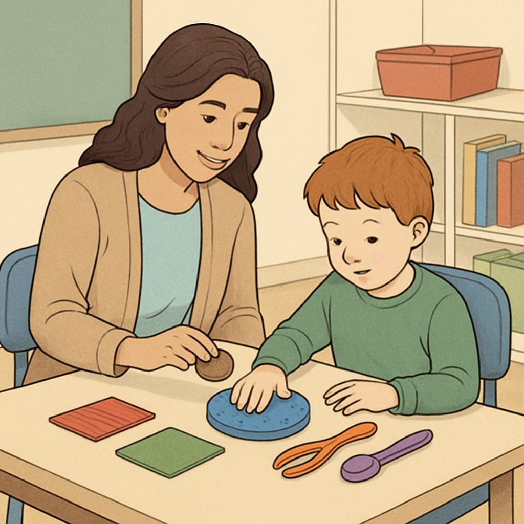 A teaching assistant helping a child with autism complete a sensory activity, emphasizing hands-on learning and engagement. Teaching assistant guiding a child with autism through a sensory activity.