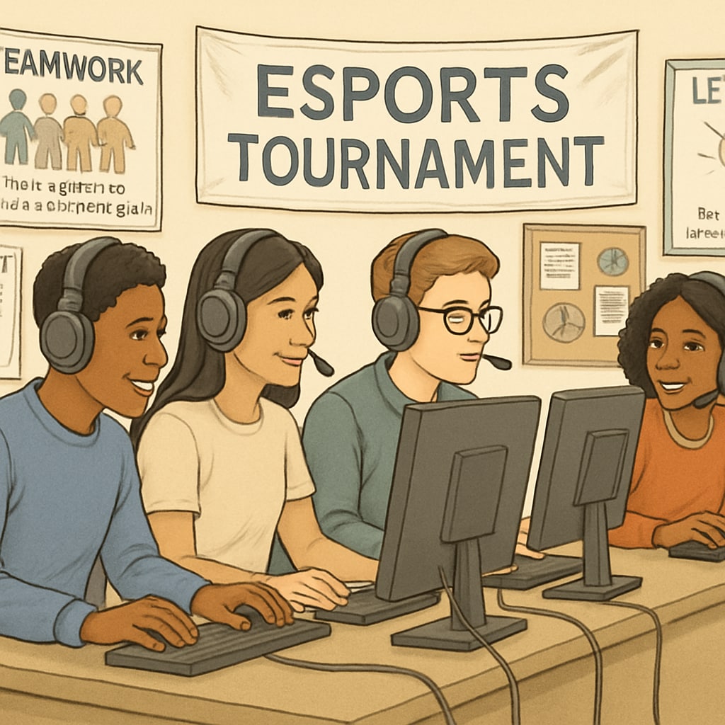 A diverse group of students participating in an esports tournament, with educational banners and materials displayed around the venue. Students at an esports event showcasing the integration of gaming and education.