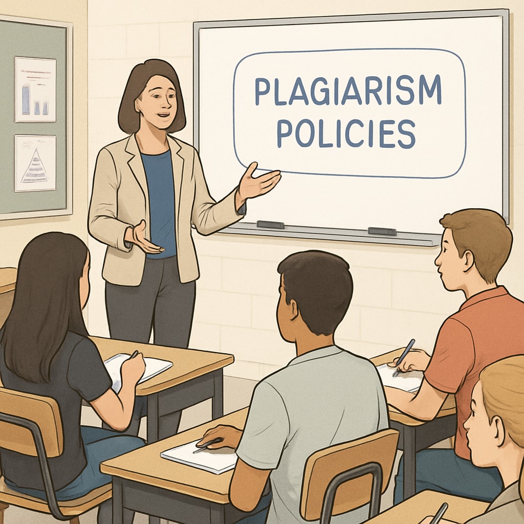 A teacher discussing plagiarism policies with a group of high school students in a classroom setting. Teacher explaining plagiarism to students in a classroom.