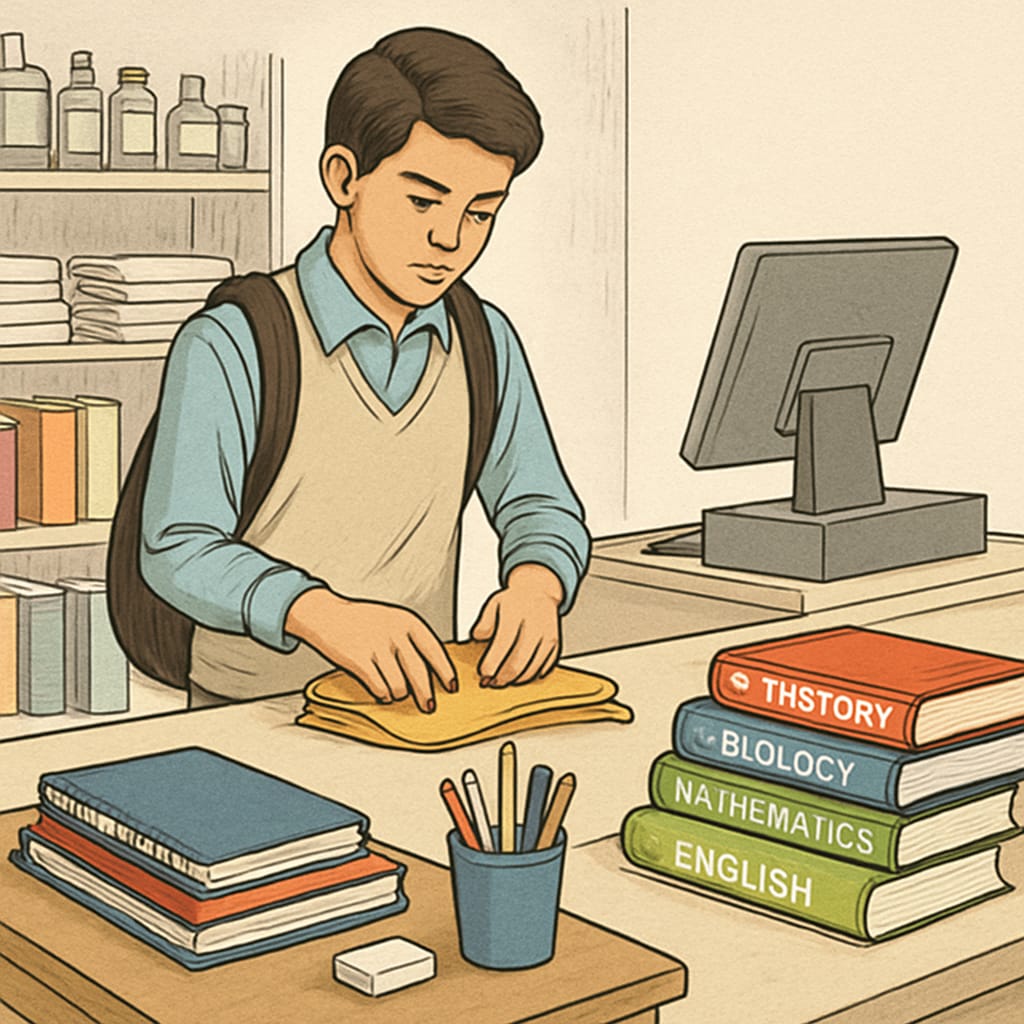 A high school student working part-time at a retail store, balancing tasks with academic materials nearby. High school jobs and academic balance represented by a working student.