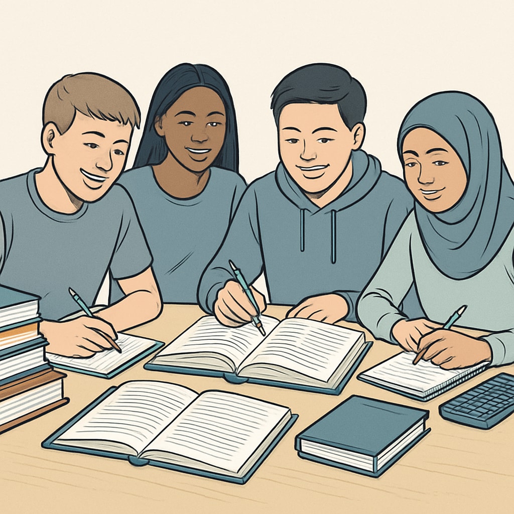 A group of diverse high school students studying together, representing academic achievement and collaboration. Diverse students studying together, symbolizing academic growth and teamwork.