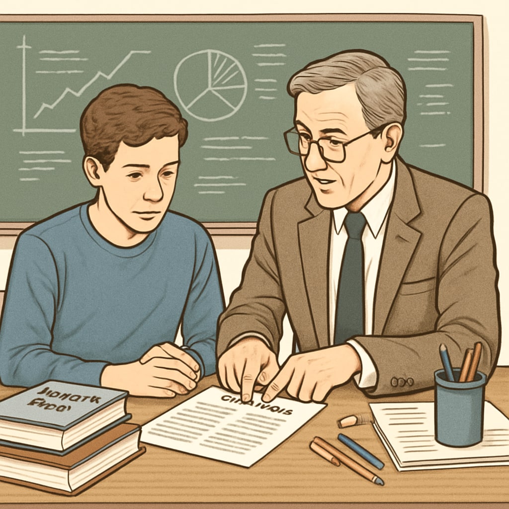 A student reviewing their research paper with a teacher to resolve a plagiarism accusation. Student and teacher discussing a research paper to address plagiarism concerns.