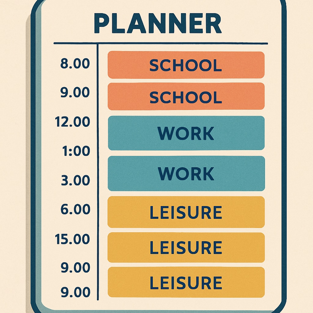 A planner showing a structured schedule with time allocated for school, work, and leisure activities. High school jobs and academic balance depicted in a time management planner.