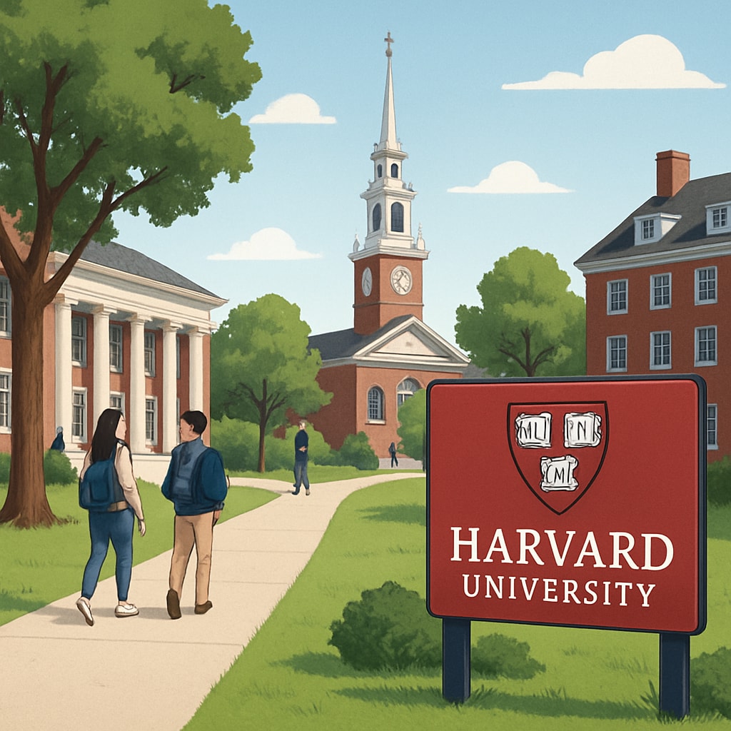 A college campus with a Harvard University sign, symbolizing pursuit of academic and personal excellence. Harvard University campus sign representing academic and personal aspirations.