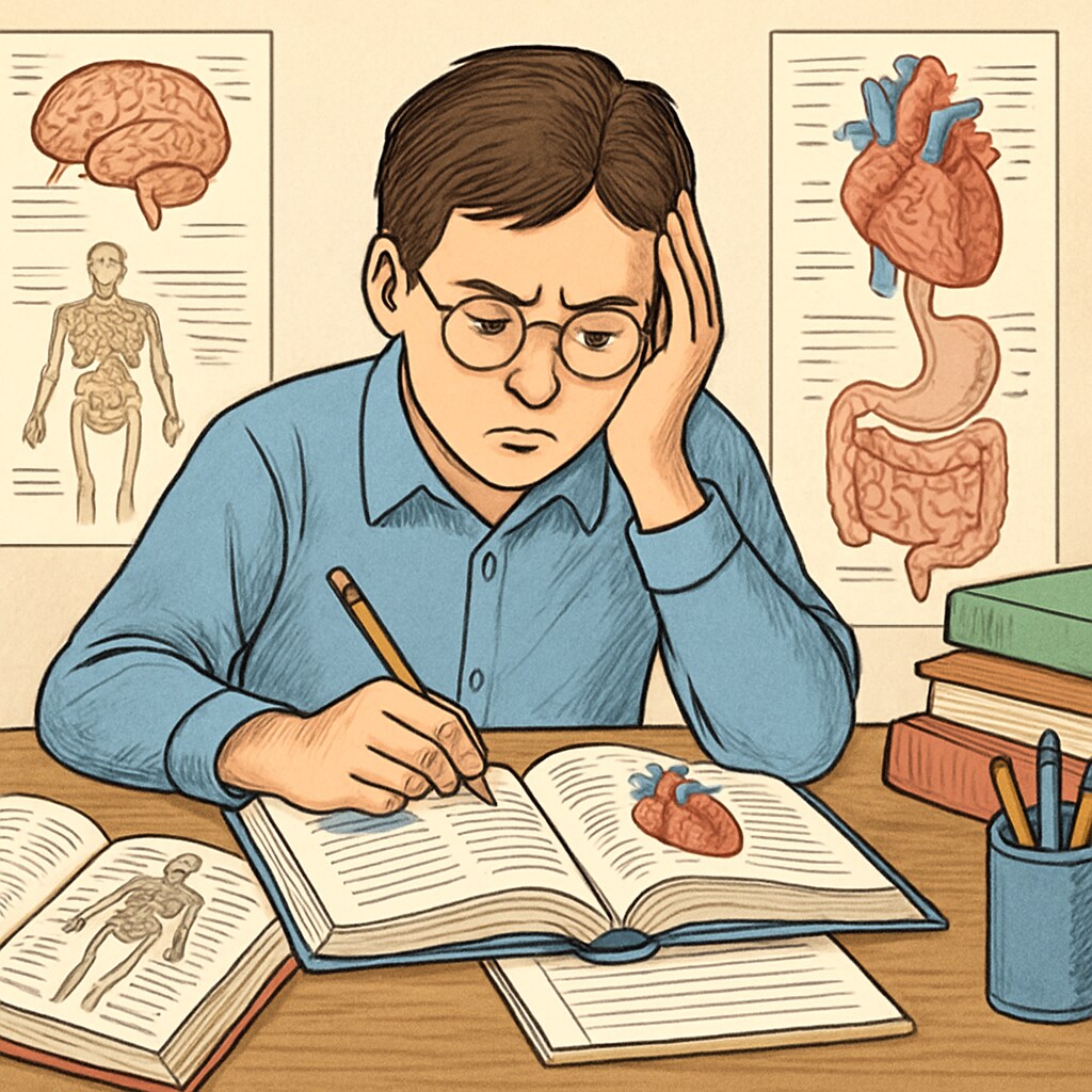 A determined student studying medical textbooks, symbolizing the struggle against learning disabilities. A student with learning disabilities studying medical materials, highlighting educational inequity.