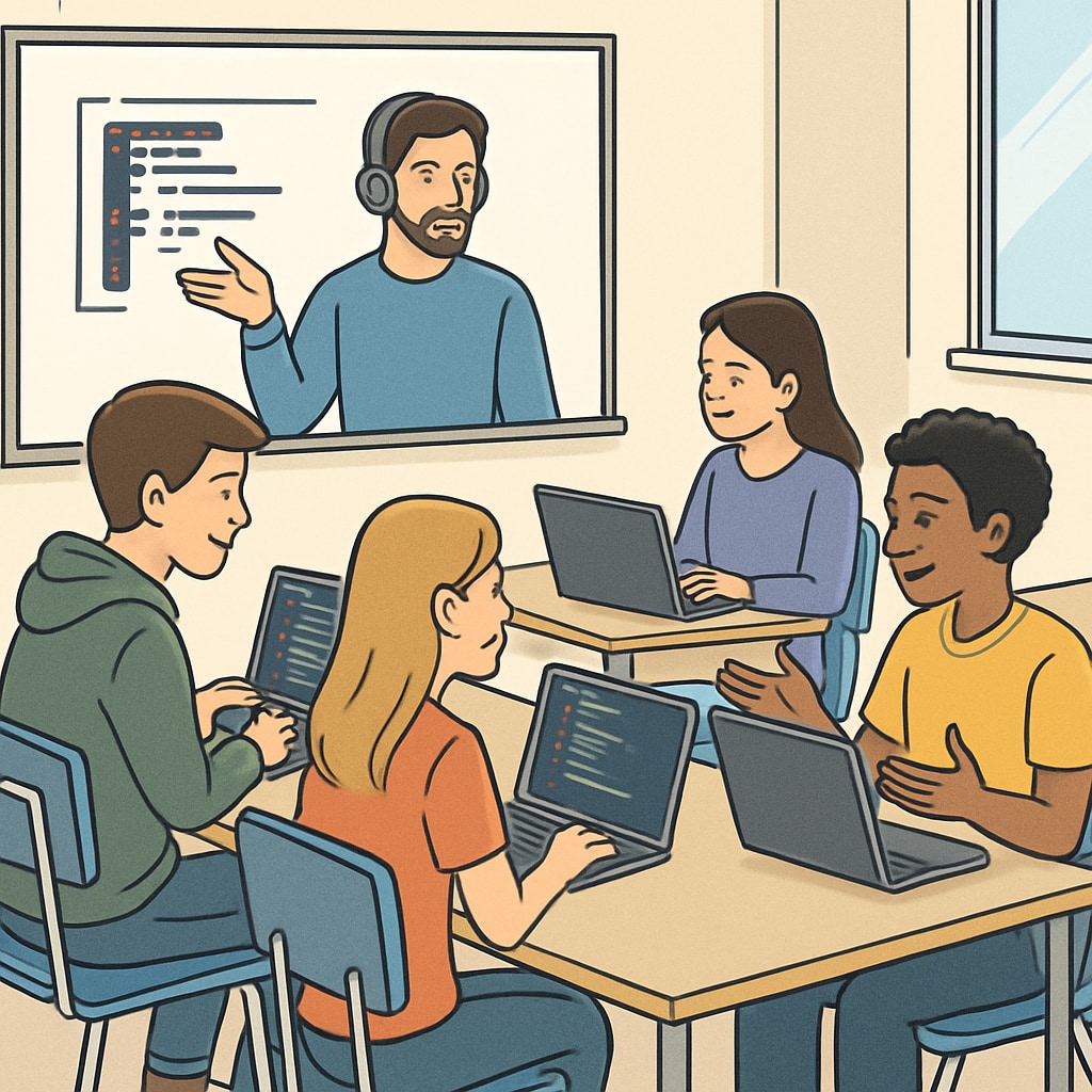 A group of high school students participating in an online coding workshop, collaborating via laptops in a modern classroom setting. High school students engaged in a coding workshop, an example of extracurricular learning resources.