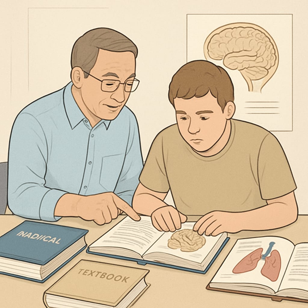 A mentor guiding a student with learning disabilities through medical coursework. A mentor supporting a student with learning disabilities in their pursuit of a medical career.
