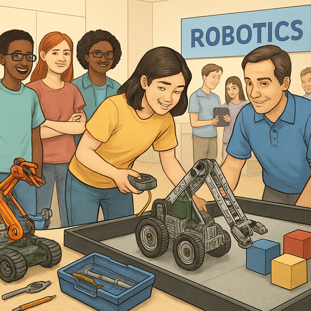 A high school student participating in a robotics competition at a community center, surrounded by peers and mentors. High school students exploring robotics programs, part of extracurricular learning resources.