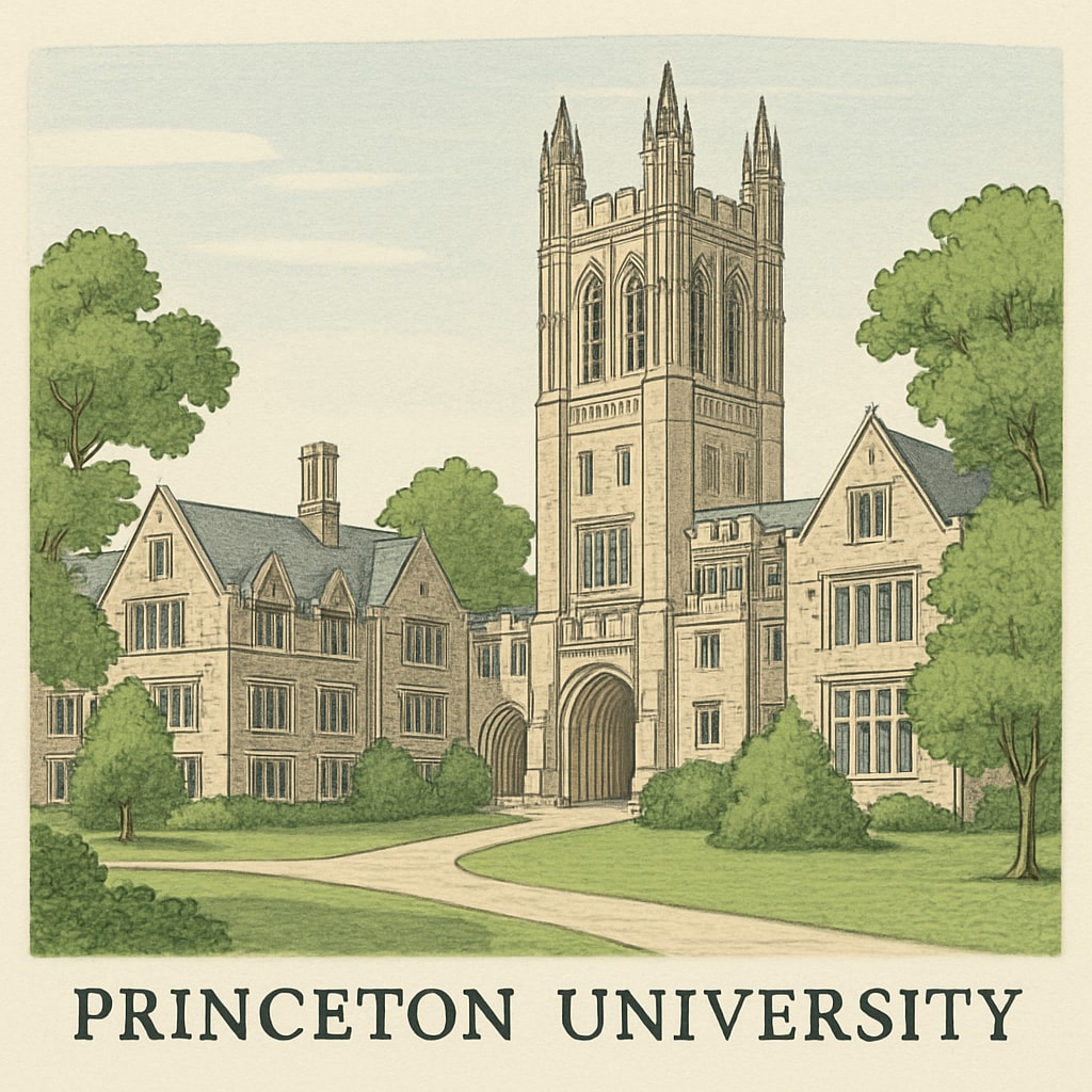 Princeton University campus with Gothic-style buildings and greenery
