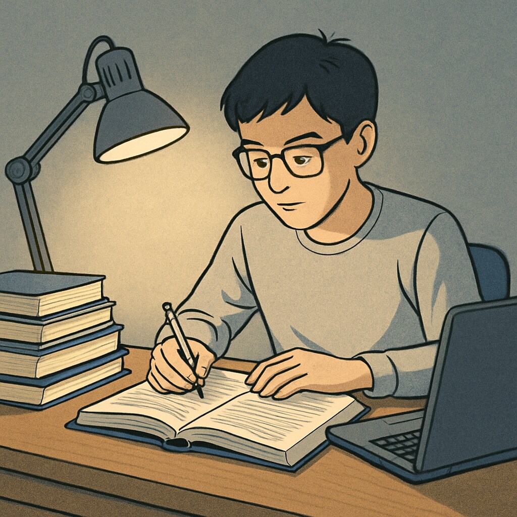 High school student studying late at night with textbooks and laptop